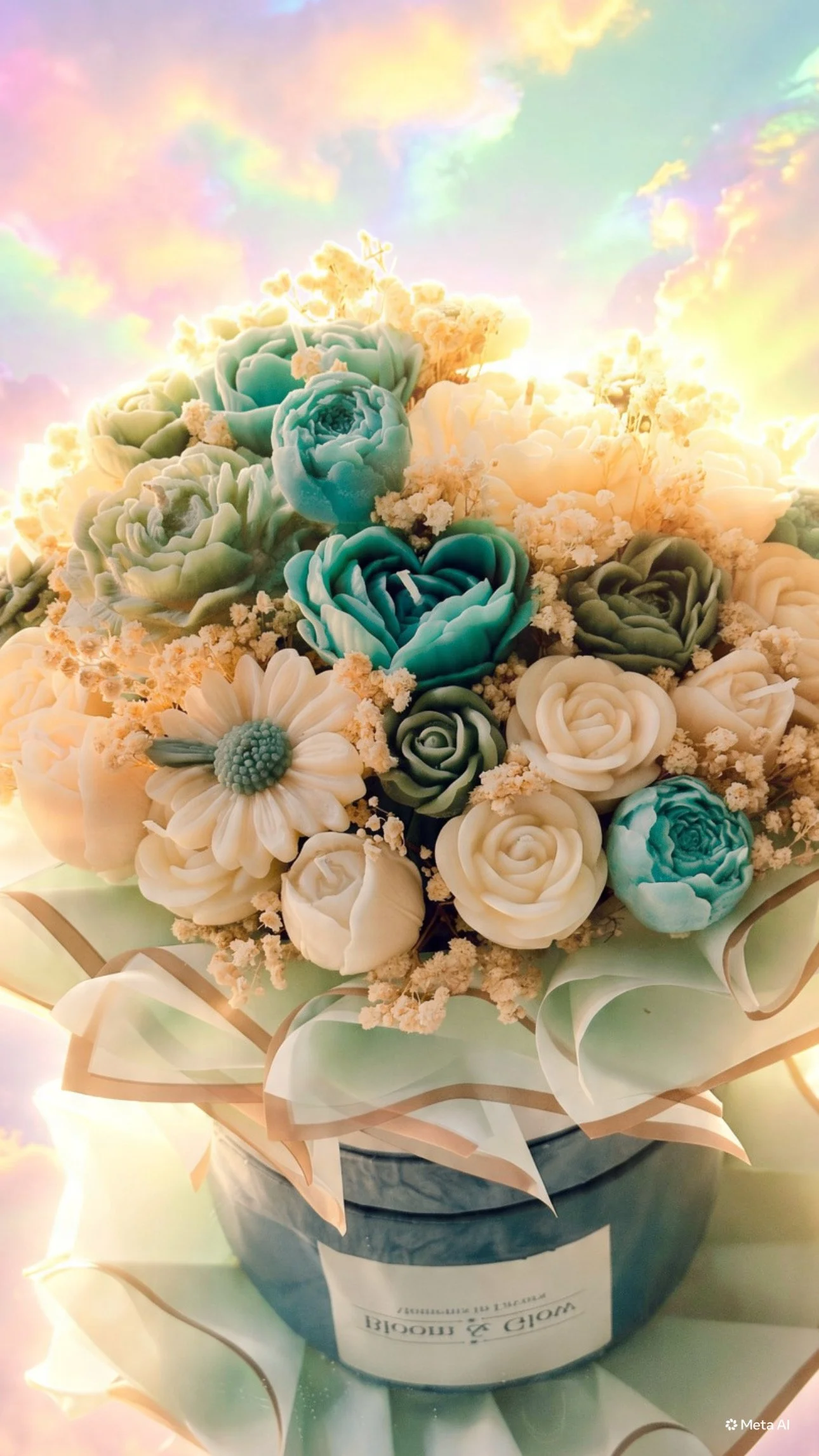 Soy wax Candle Bouquet, handmade with carefully crafted Candles and Wax melts, in teal & sage green color  theme, perfect for gifting someone special or simply gift as a housewarming gift