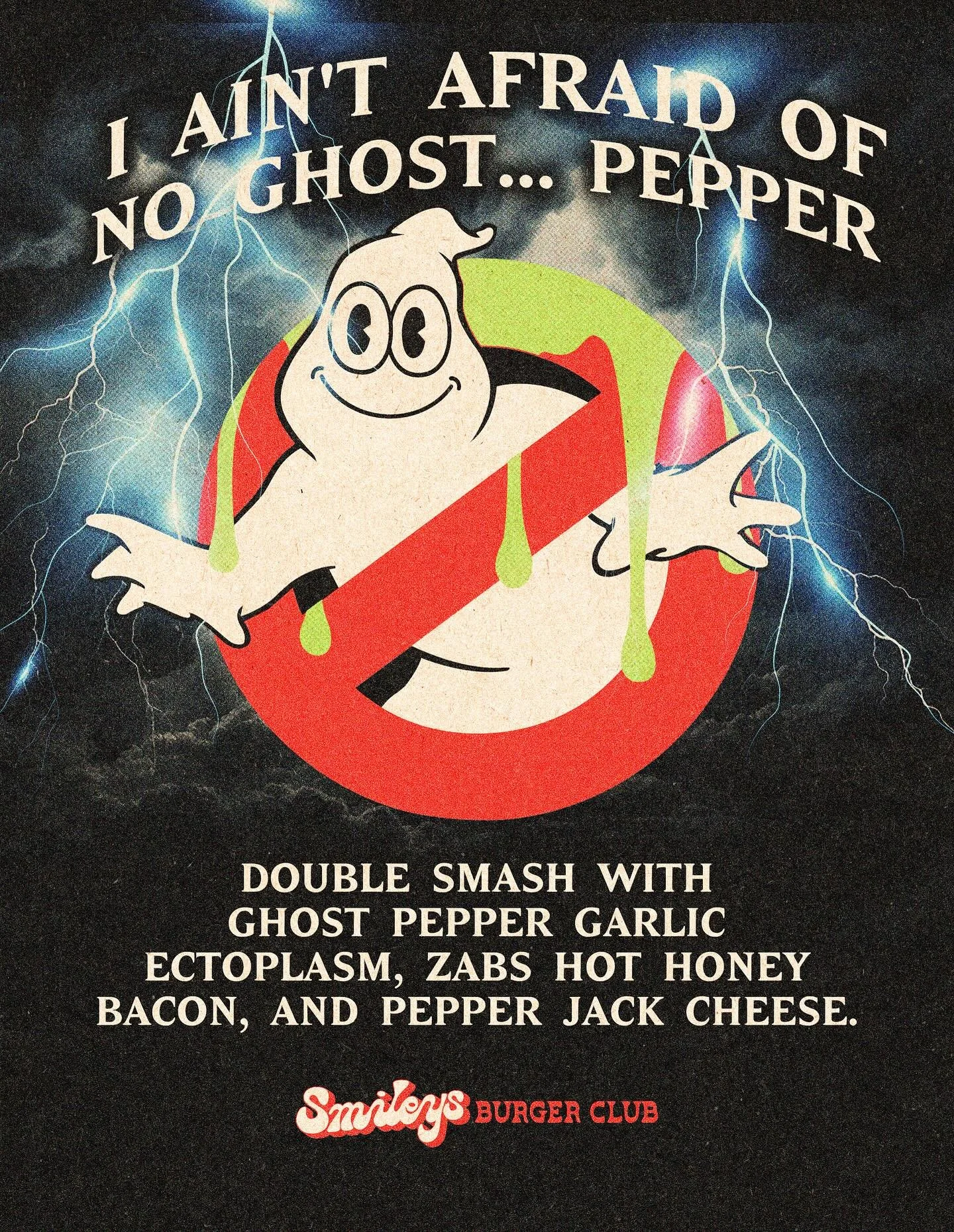 ABSOLUTELY ELECTRIC WITH EXCITEMENT TO ANNOUNCE OUR OCTOBER COLLAB BURGER WITH @zabs HOT HONEY.
.
.
Double smash, pepper jack cheese, ghost pepper garlic ectoplasm,zabs hot honey bacon. SPOOKY SCARY!
.
.
If bustin&rsquo; makes you feel good - this bu