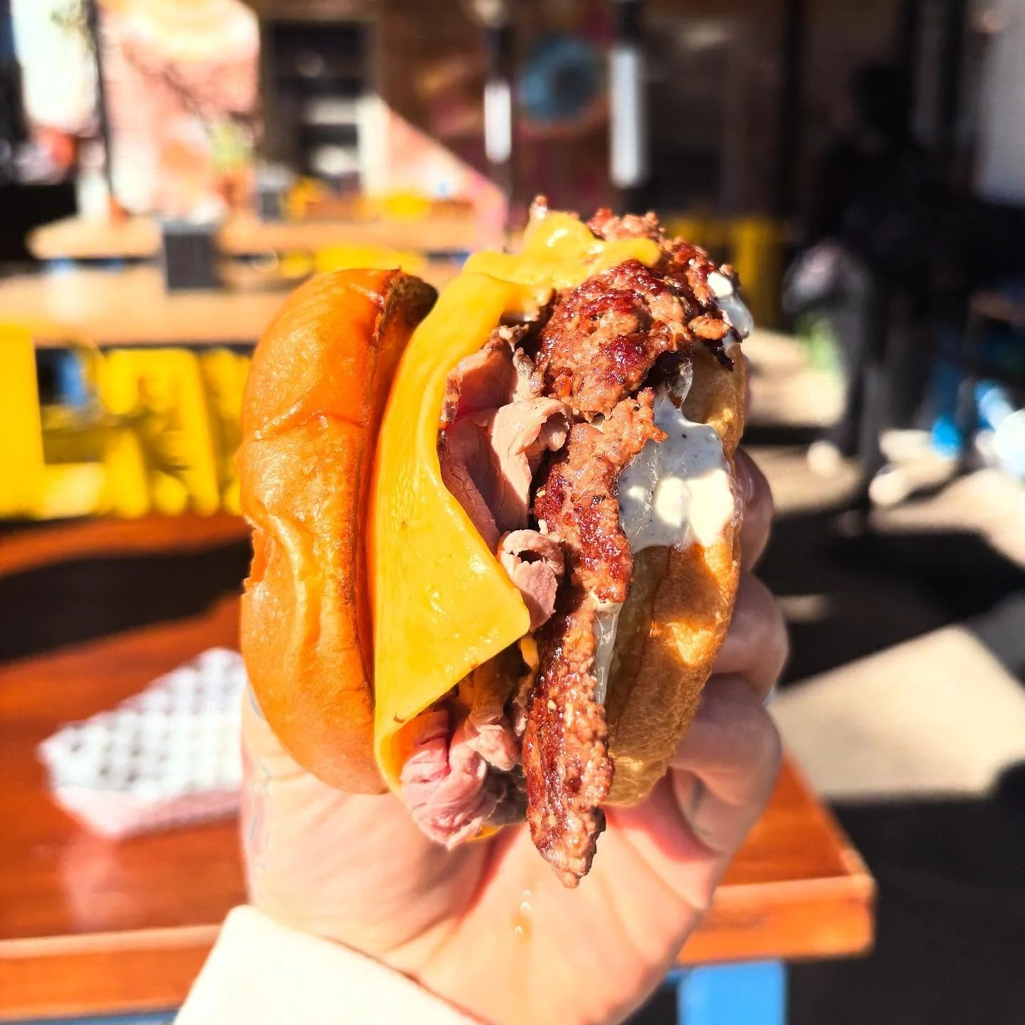 THIS MONTH&rsquo;S BURGER COLLAB WITH OUR FRIENDS AND NEIGHBOR @kellysmarketdecatur 
.
.
&ldquo;Our-by&rsquo;s&rdquo; Roast beef n Cheddar! With aus jus drizzle, horseradish aioli, and caramelized onions.
.
.
Available for dine-in, takeout, and deliv