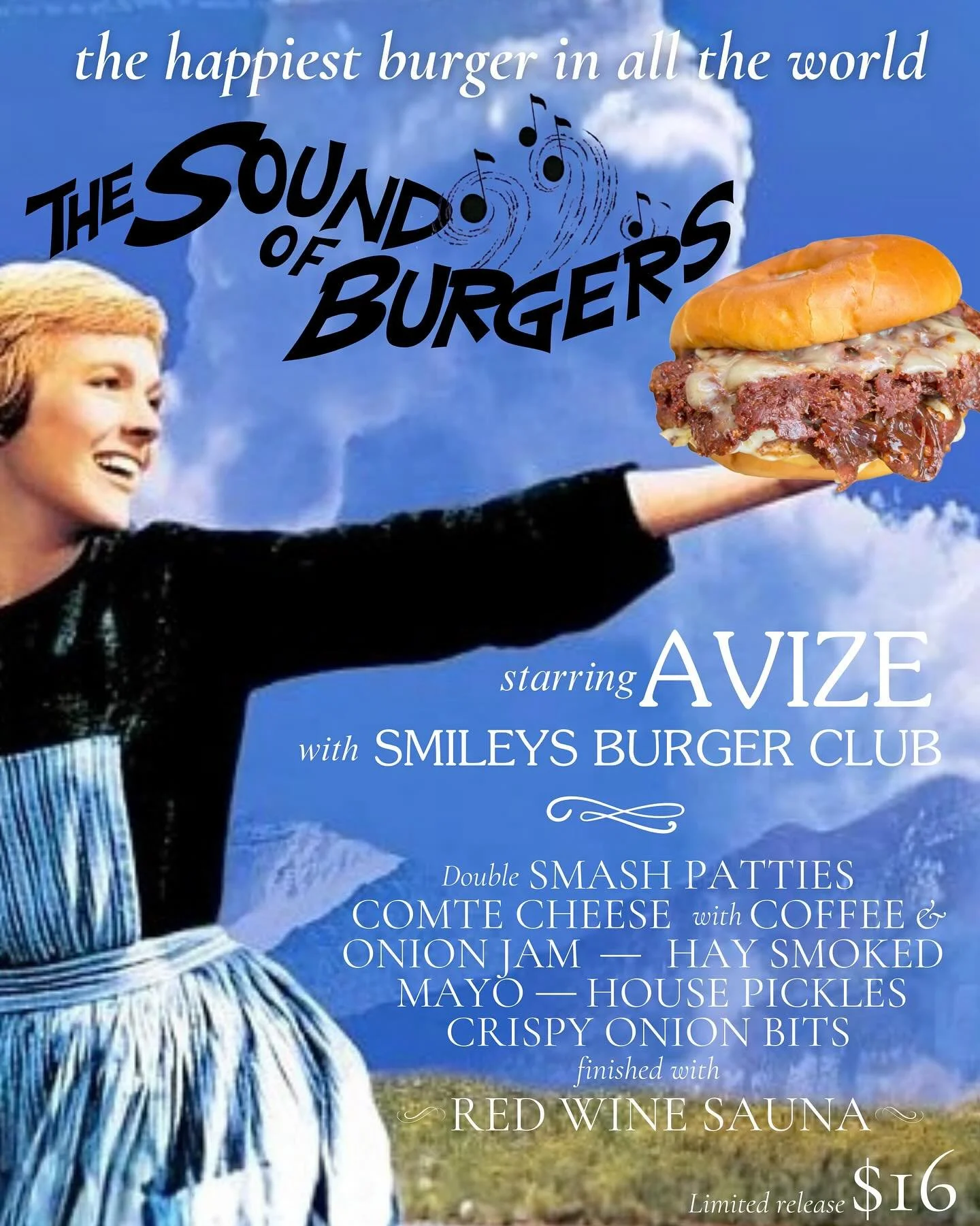 THE BURGERS ARE ALIVE WITH THE FLAVORS OF @avize.atl &mdash; All month long at @smileysburgerclub 
.
.
Double smash patties, Alpine Comte cheese, hay smoked mayo, coffee + onion jam, house pickles, crispy onion bits, RED WINE SAUNA!
.
.
@julieandrews