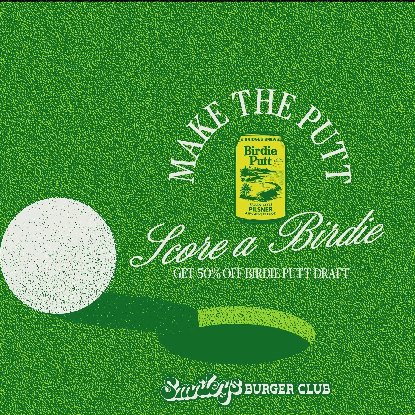 ⛳ MAKE THE PUTT, GET THE BIRDIE ⛳

We&rsquo;ll have a putting green set up in the restaurant all weekend, thanks to @greenofficegolf 

Order a @sixbridgesbrewing Birdie Putt Italian Pilsner, take your shot&mdash;
sink it &rarr; 50% off your beer 🍺
m