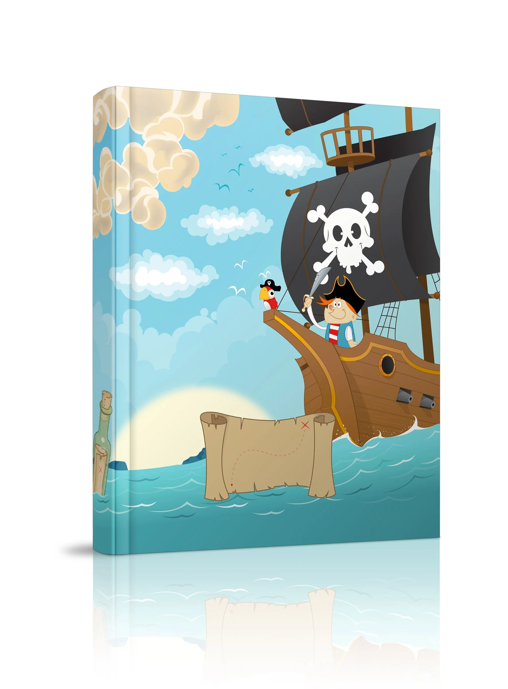 An illustrated cartoon pirate ship with a skull and crossbones sail, a smiling boy pirate holding a sword, a parrot on the ship's bow, floating on the ocean with a treasure map, clouds, and seagulls in the sky.