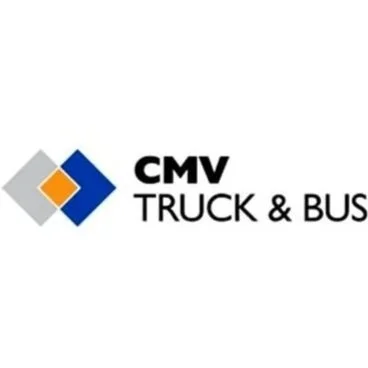 Logo for CMV Truck & Bus, featuring overlapping gray, orange, and blue squares.