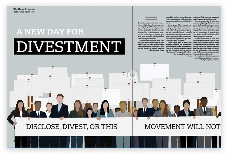 The Harvard Crimson commencement feature on divestment, incorporating design and copy and earning 5th place in the ACP Design of the Year category