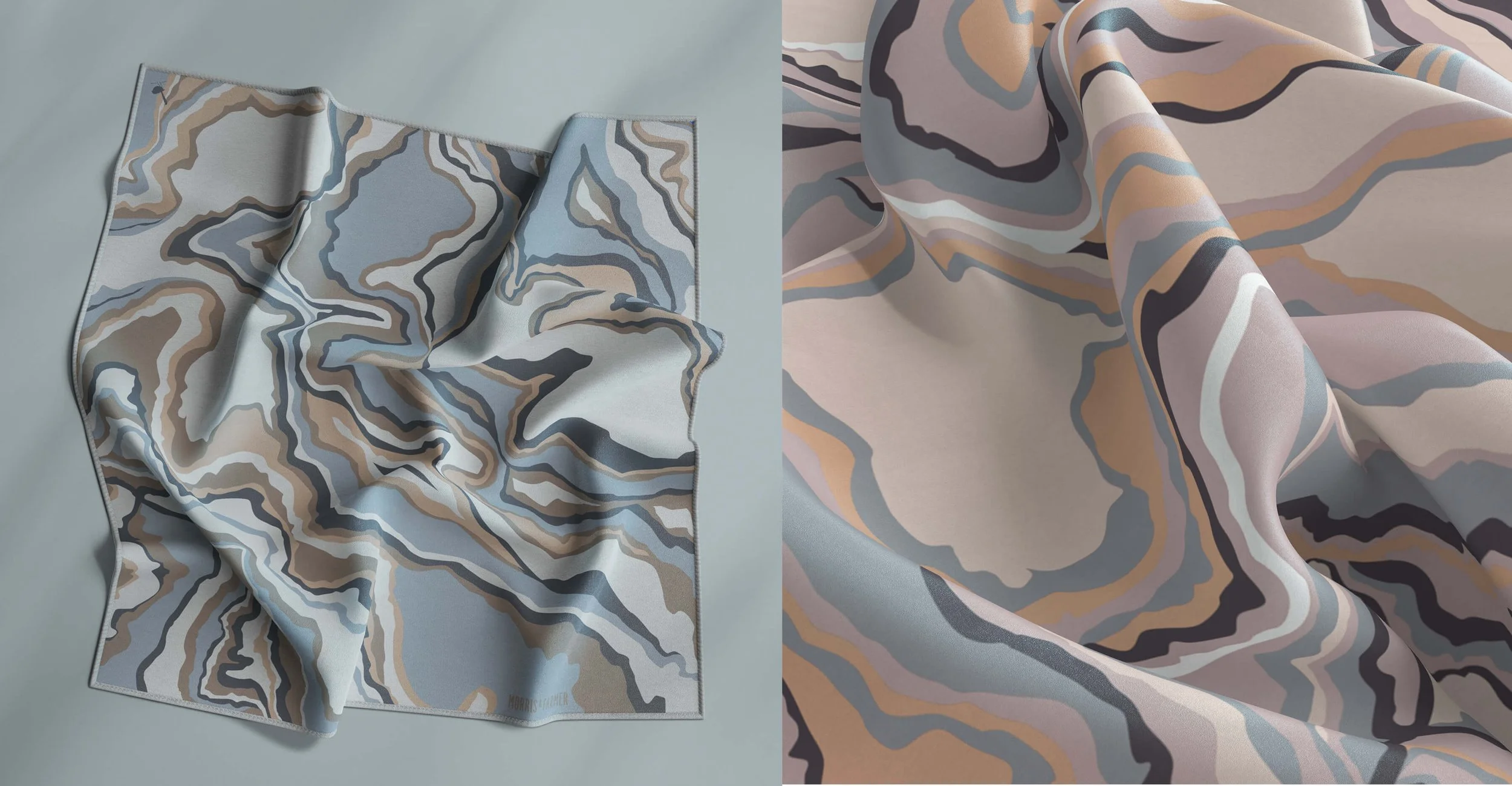 A fabric piece with a marbled abstract pattern in soft pastel shades of blue, beige, black, and pink, displayed both flat and draped.