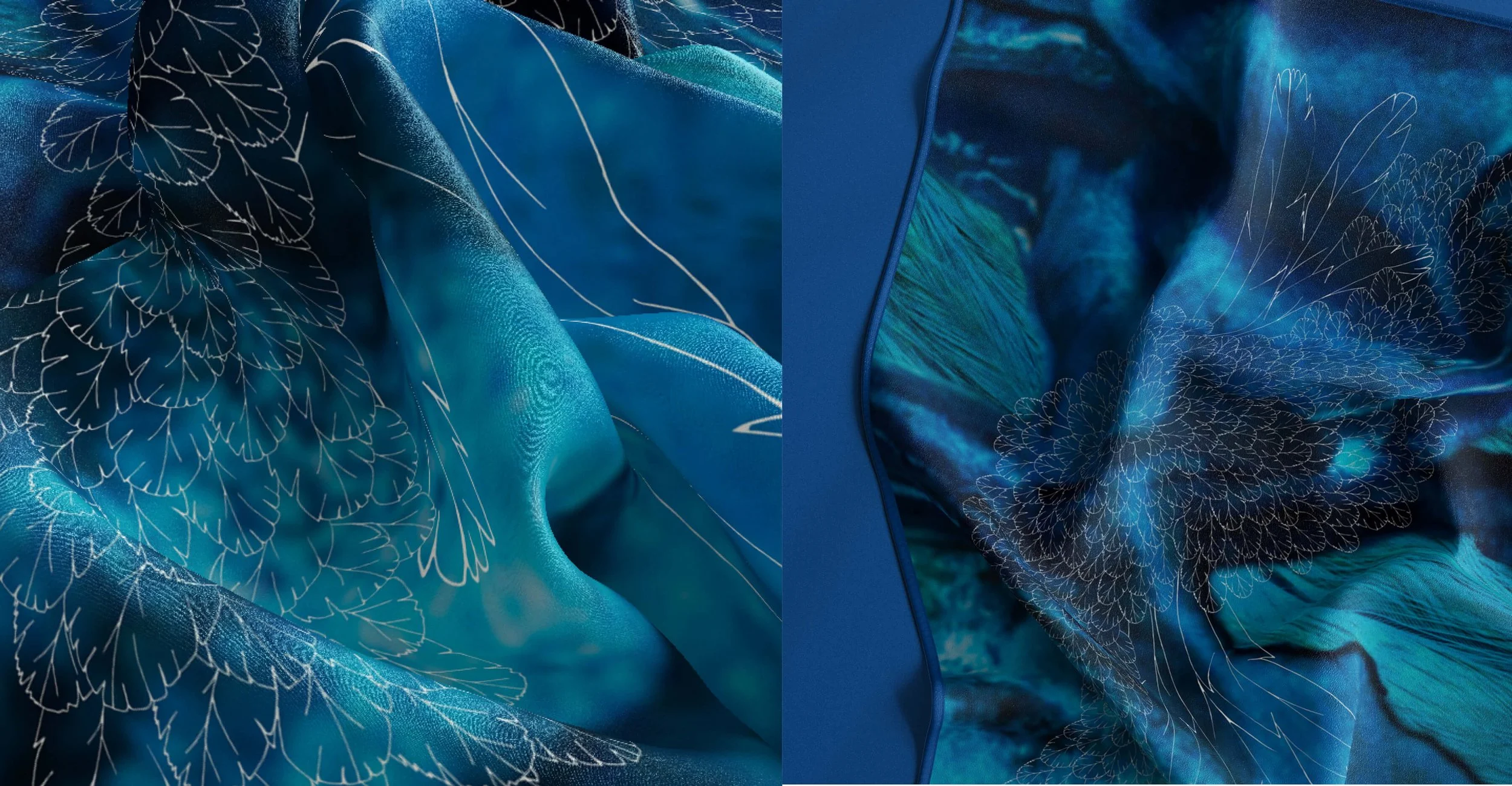 Close-up view of a fabric with a blue and teal floral and leaf pattern, featuring intricate white outline details.