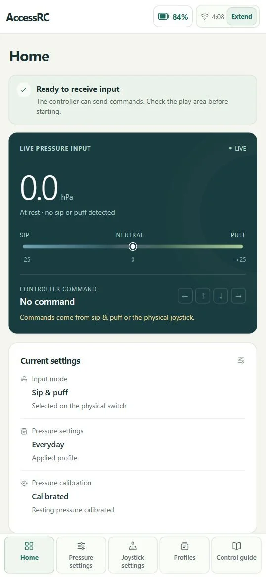 AccessRC Home page showing live pressure, current profile, battery level, and connection status.