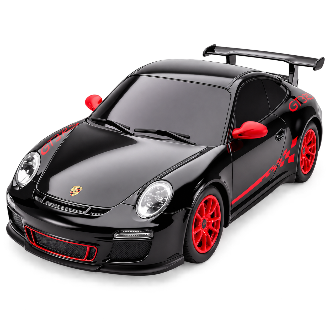 Black Porsche 911 GT3 RS RC car with red wheels, mirrors, and side graphics.