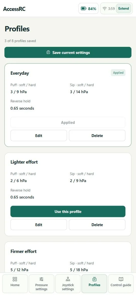 AccessRC mobile Profiles page showing saved pressure profiles with edit and selection buttons.