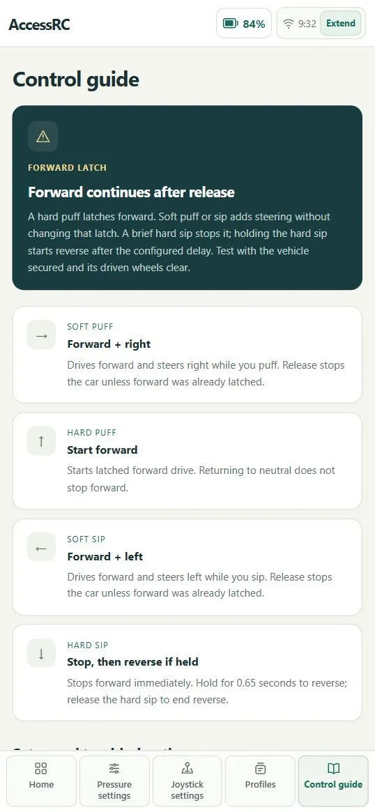 AccessRC mobile Control guide explaining forward latch, sip-and-puff commands, and setup.