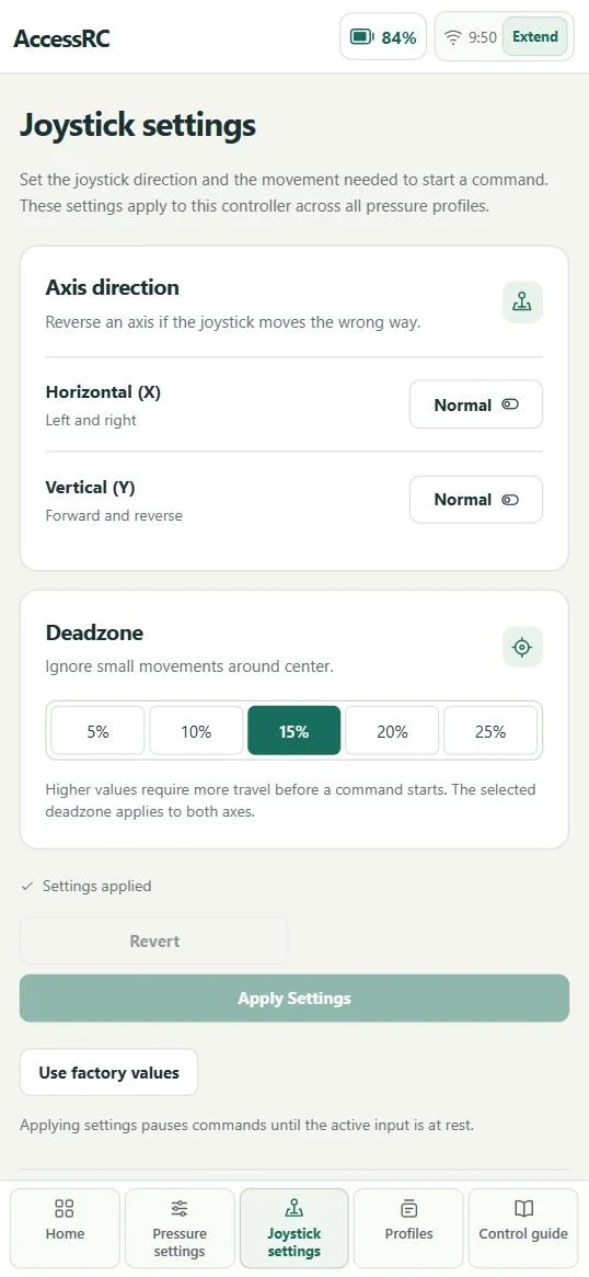 AccessRC mobile Joystick settings page with independent axis direction controls and deadzone choices.