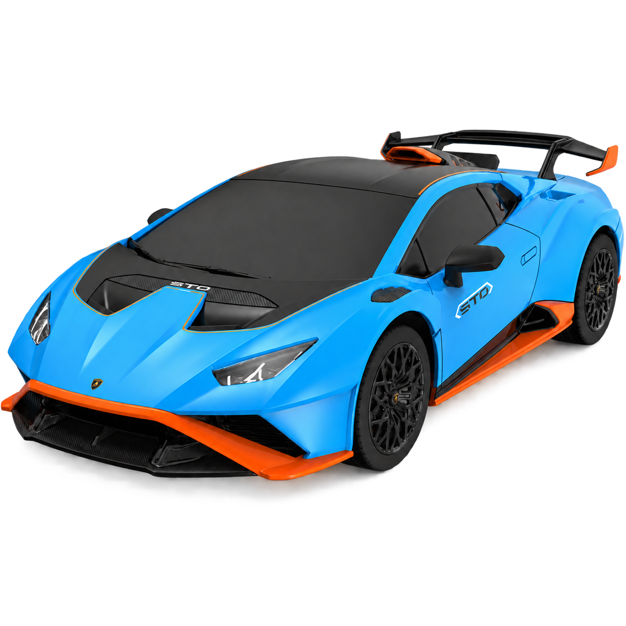 Blue and orange Lamborghini Huracan STO RC car with black wheels and a rear wing.