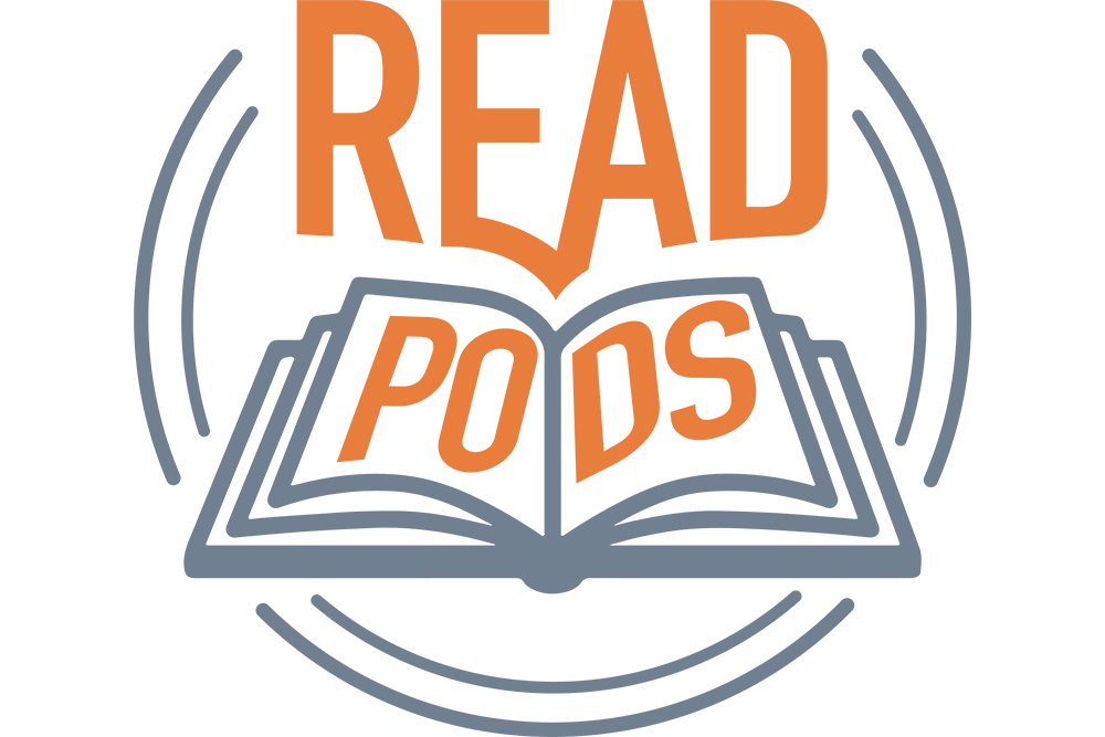 An illustration of an open book with the text "READ PODS" above and inside the book. The design uses orange and gray colors.