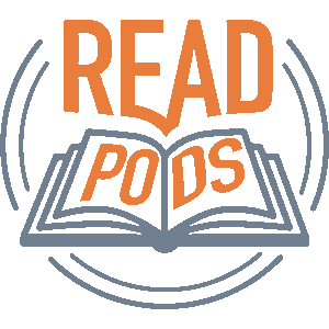 Open book with the words 'READ PODS' above it and sound waves around the book.