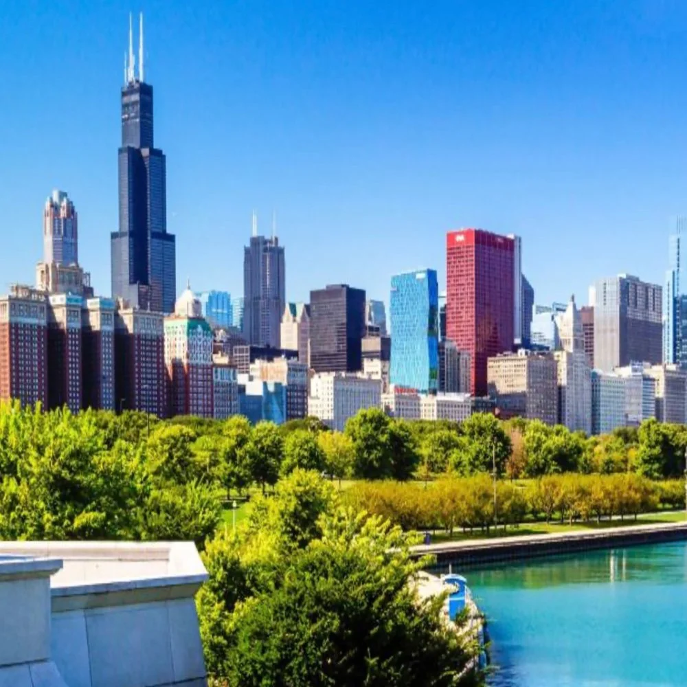 A city skyline with tall skyscrapers, including the Willis Tower, against a clear blue sky, with a park with green trees and a body of water in the foreground.