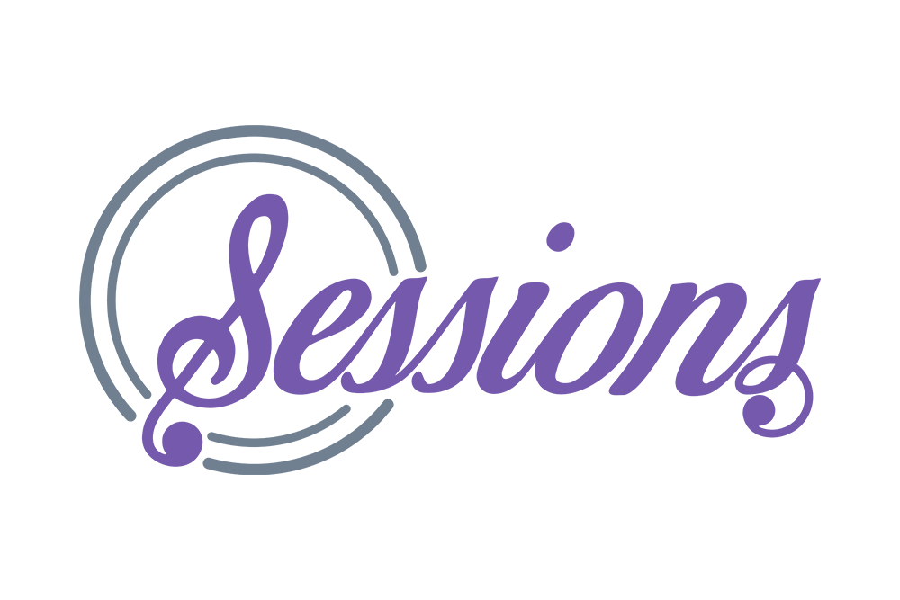 The word 'sessions' written in purple, stylized text with circular lines around the letter 's' on a black background.