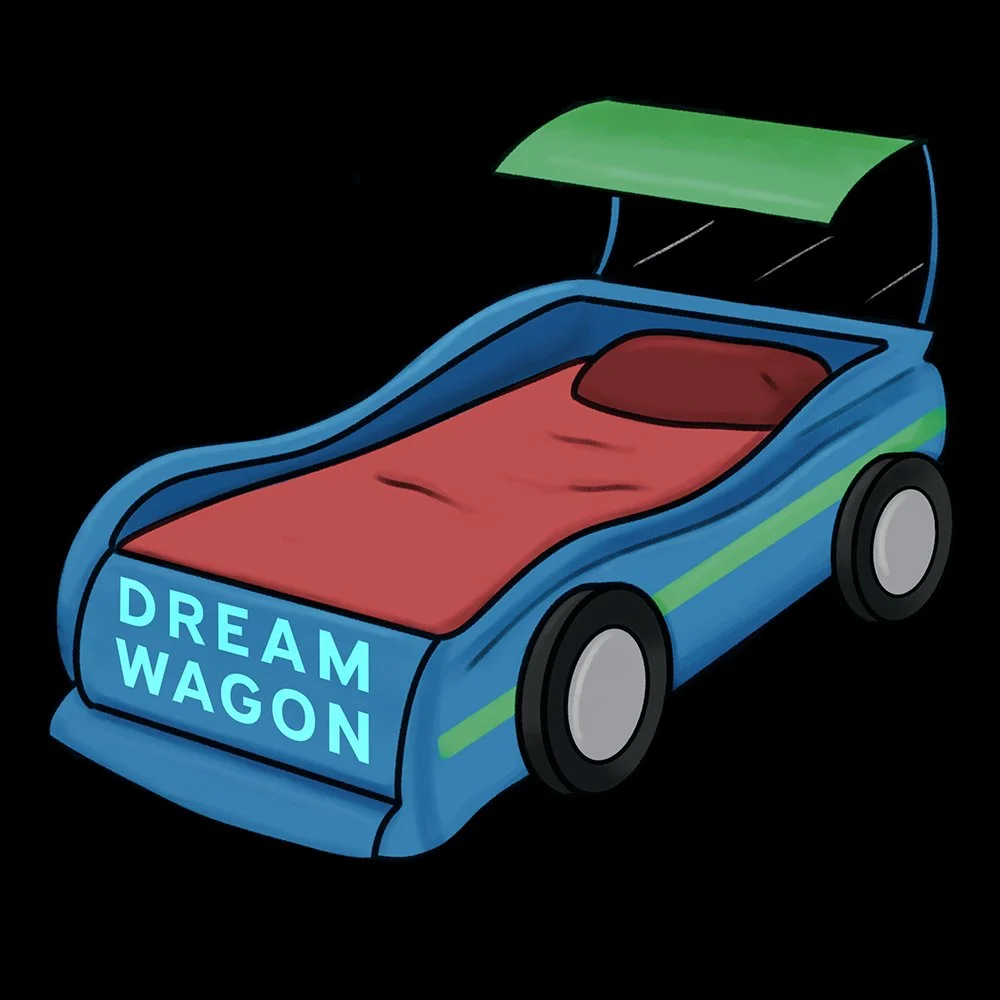 A cartoon blue race car bed with a green spoiler, red bed sheets and pillow, and the words "DREAM WAGON" on the front bumper.