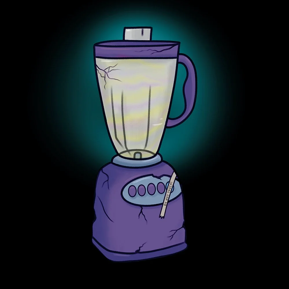 A cracked blender with a glowing yellow liquid inside, glowing purple lid, and a purple base with crack marks, with a "DO NOT TOUCH" sticker.