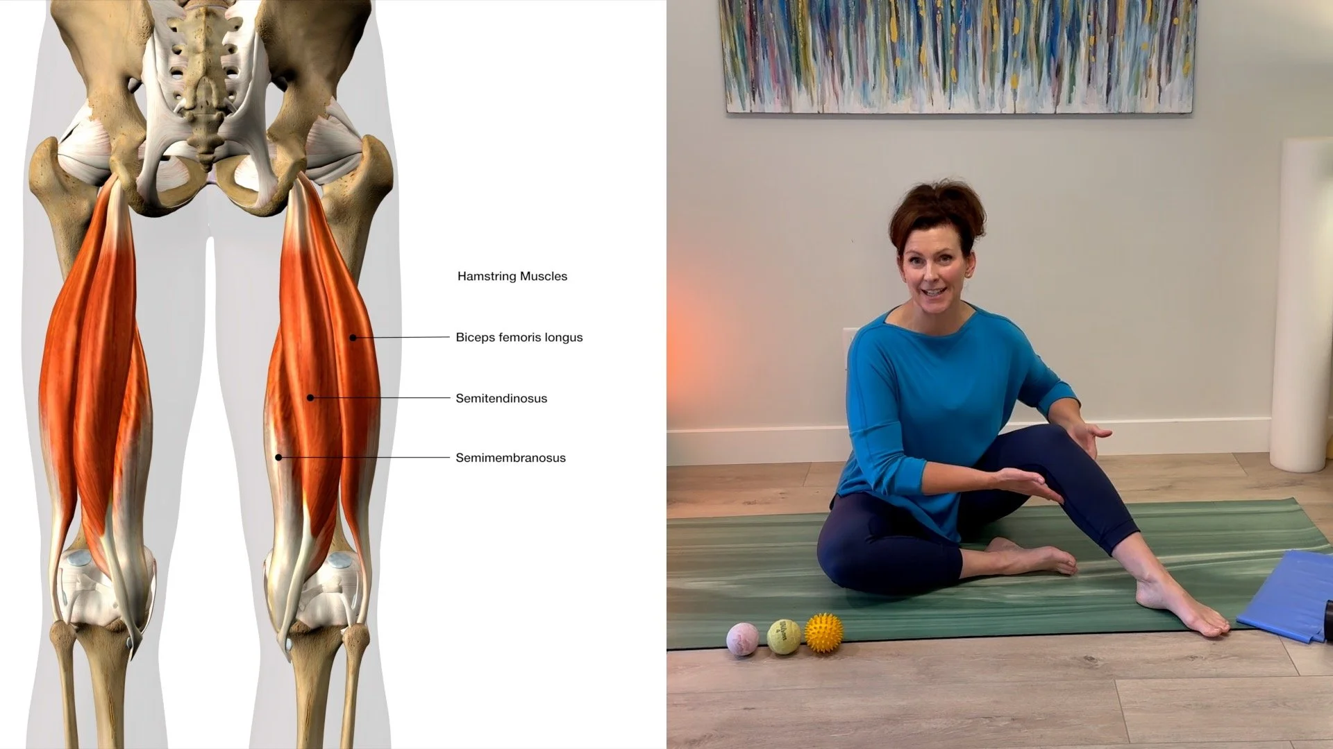 A woman in a blue shirt and black leggings sitting on a yoga mat and demonstrating a leg stretch exercise, with a diagram of hamstring muscles labeled on the left side of the image.