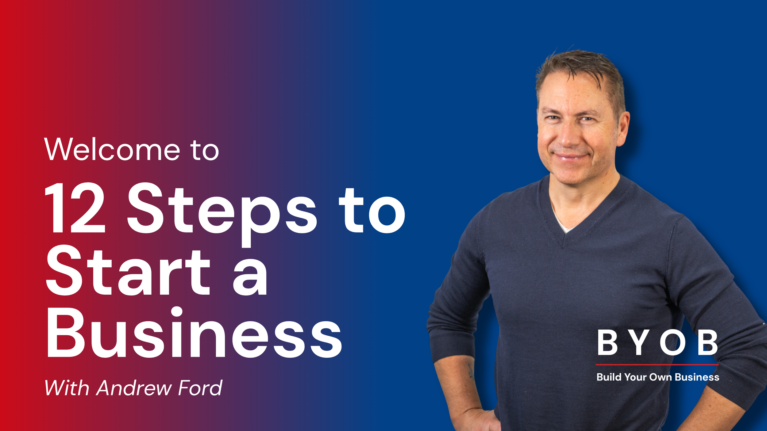 Book cover titled 'Welcome to 12 Steps to Start a Business' by Andrew Ford, featuring a man in a dark sweater smiling against a blue background.