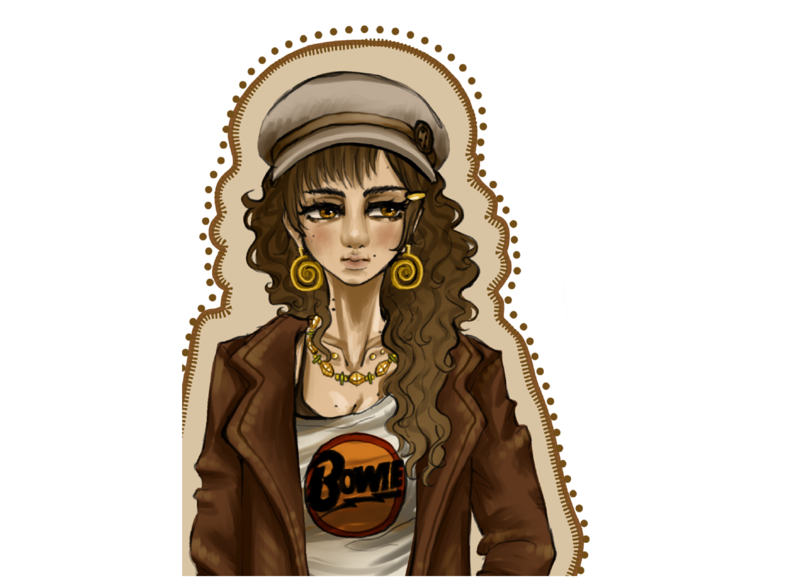 A digital illustration of a young woman with long curly brown hair.