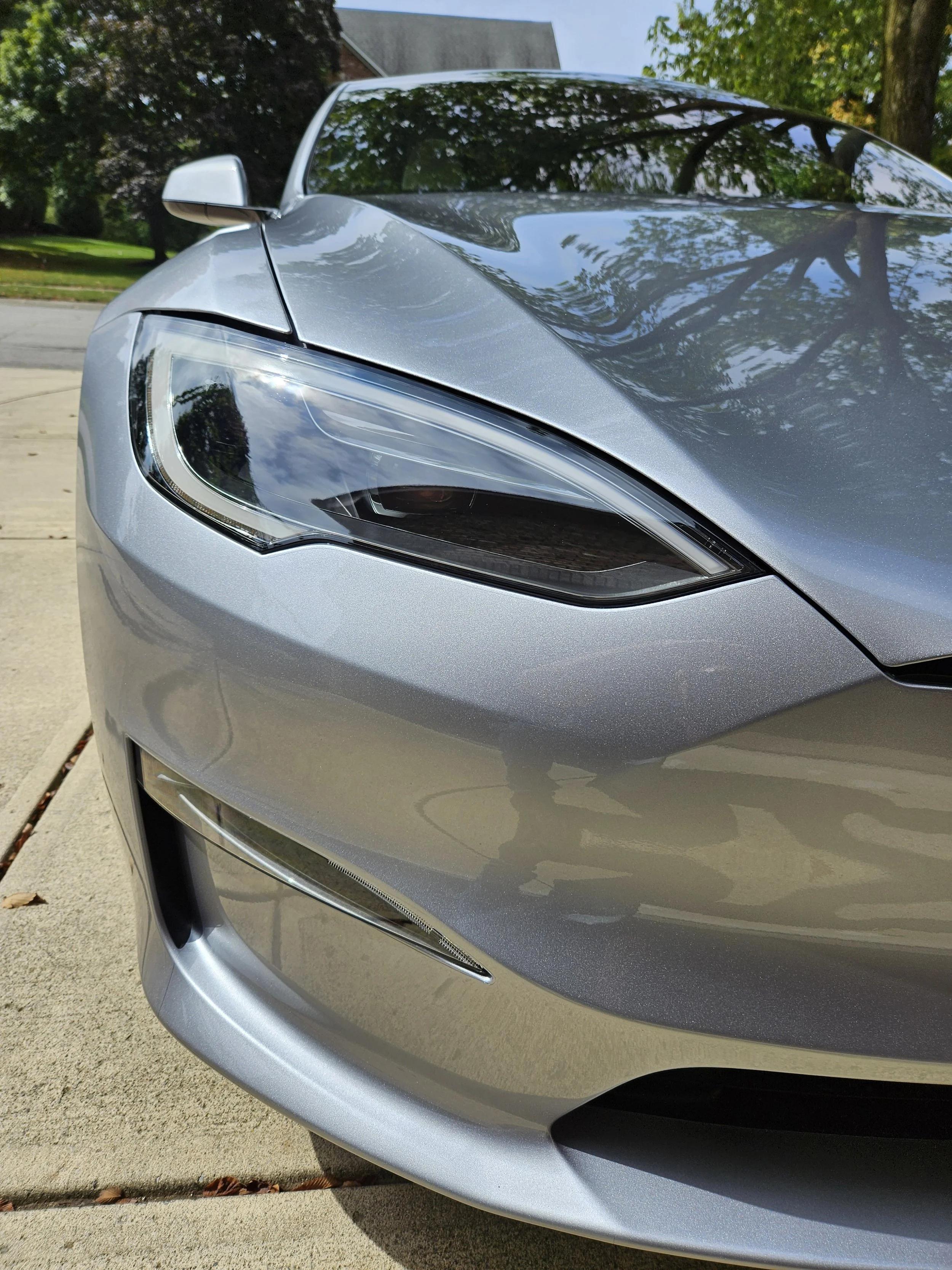 Silver Tesla Model S - PPF Finished Bumper, Close up