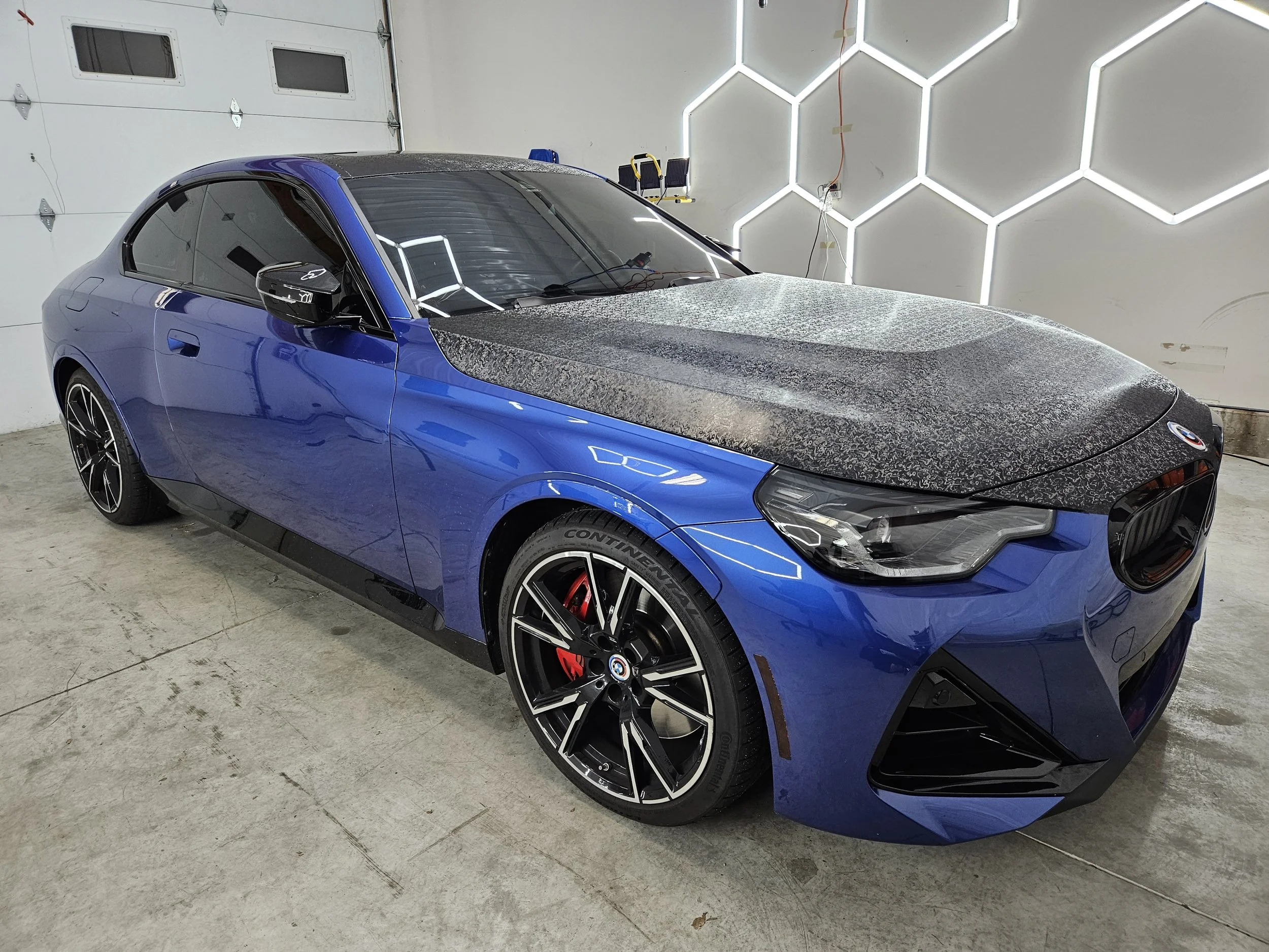 BLUE BMW M240I - CERAMIC TINT, FULL WINDSHIELD TINT AND SUNROOF, DAMASCUS BLACK VINYL WRAP