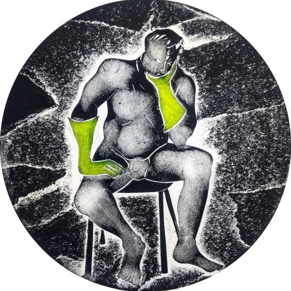 A black and white photo of a man sitting on a chair, with his head bowed and hand resting on his forehead. The man is shirtless and wearing briefs. Bright green highlights are added to his arm coverings and the briefs.