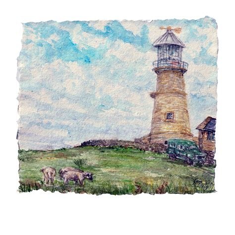 Watercolor painting of a lighthouse on a grassy hill with pigs grazing, a vintage truck, and a small building, under a partly cloudy sky.