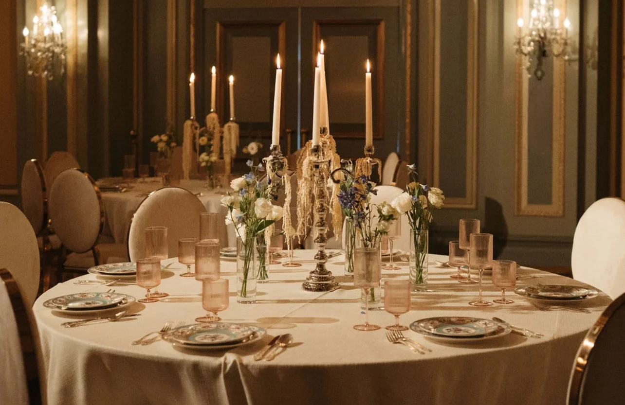 Elegant dining table set with candles, flowers, and glassware in a luxurious room.