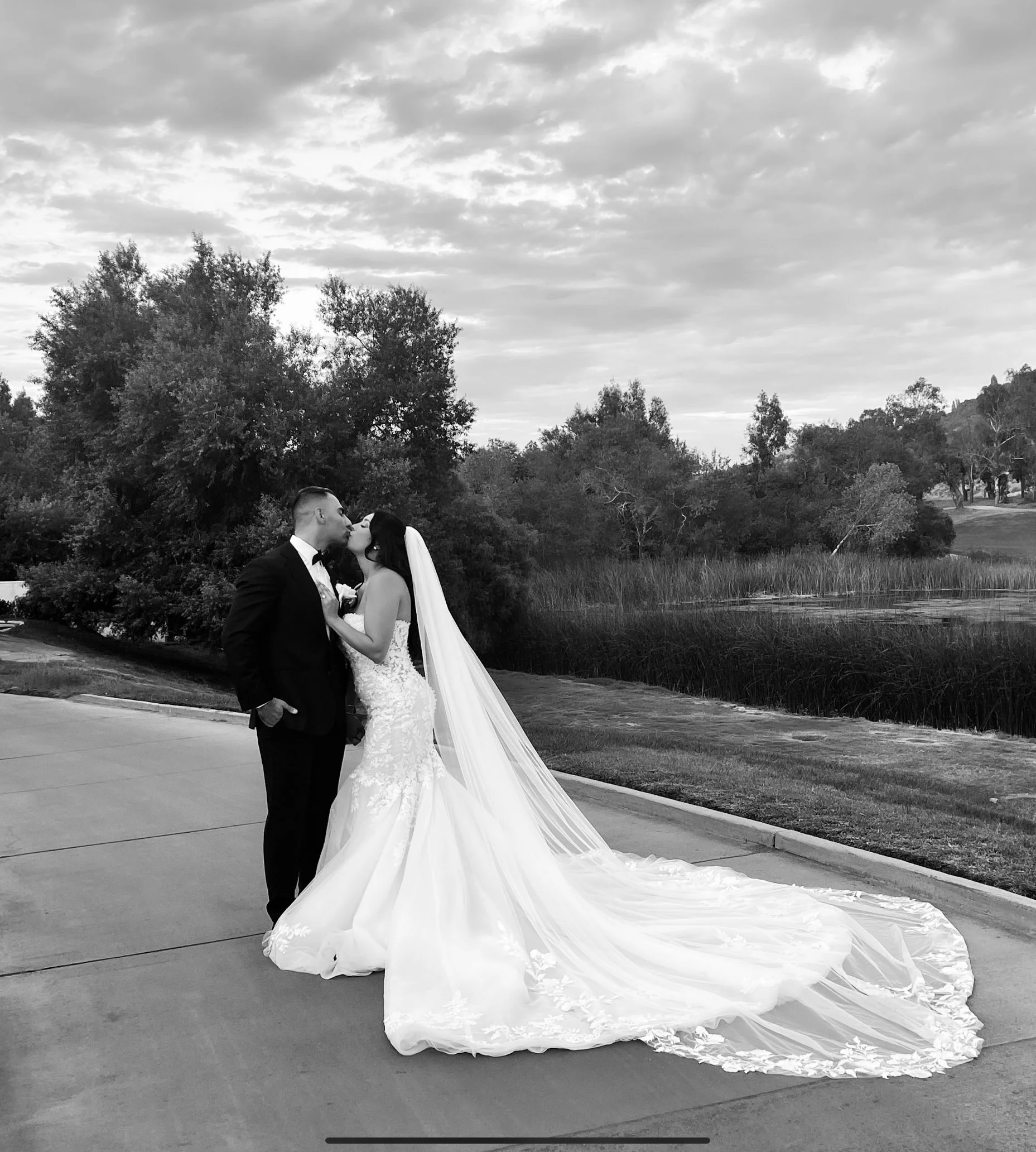 A bride and groom kissing outdoors in a park or garden setting, with trees and a cloudy sky in the background. The bride is wearing a wedding gown with a long train and veil, and the groom is in a suit with a bow tie.