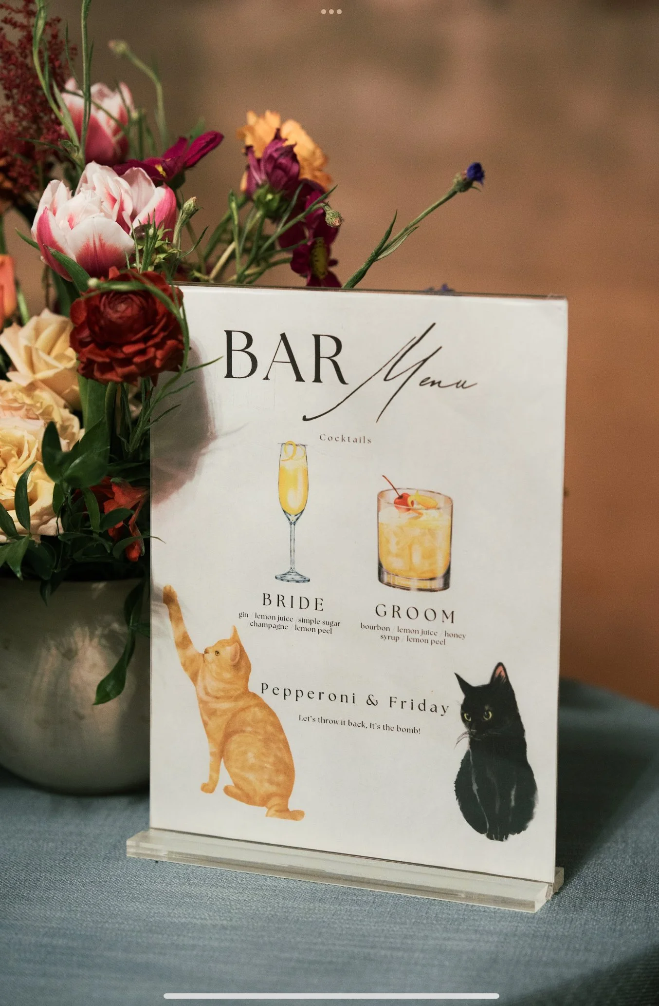 A decorative drink menu with illustrations of a cocktail glass and a drink, alongside images of a ginger cat and a black cat, surrounded by colorful flowers.