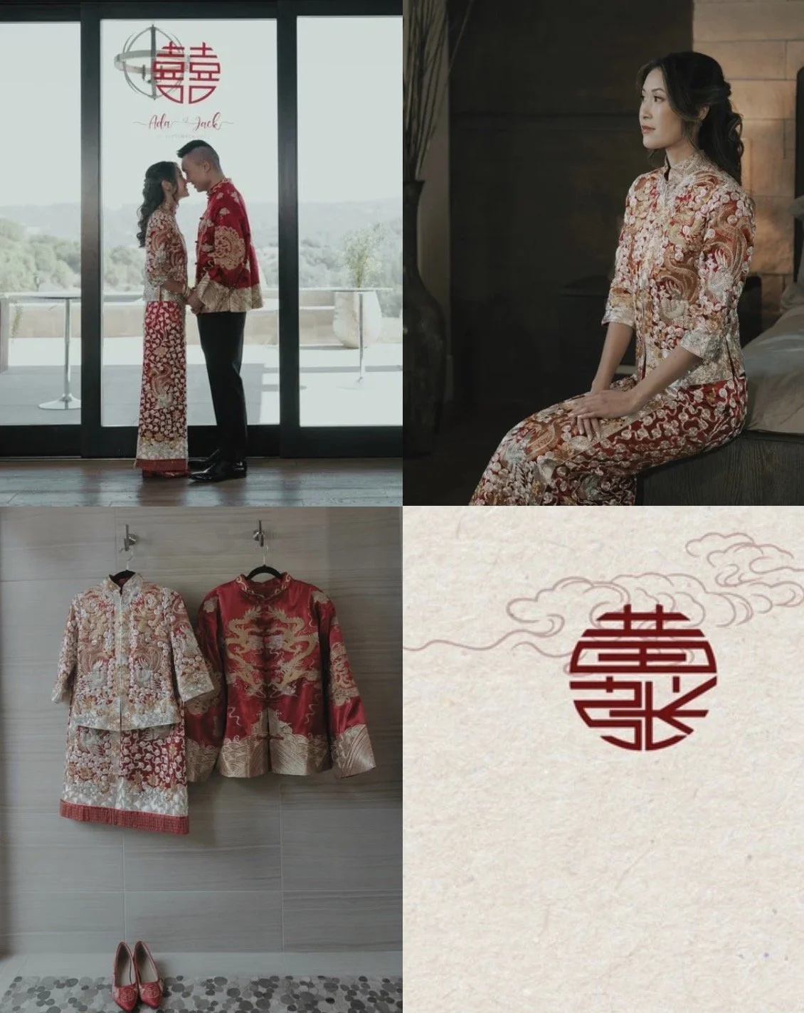 Wedding scene with a couple in traditional Chinese outfits, a woman sitting on a bed in a floral Chinese dress, two more traditional Chinese dresses hanging on a wall, and a Chinese character symbol for double happiness.