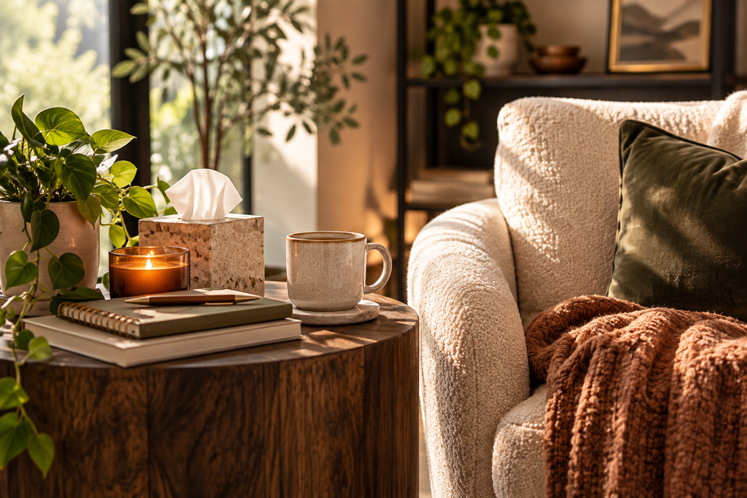 A cozy living room corner with a wooden side table holding a potted plant, a lit candle, a tissue box, a notebook, and a coffee mug. A sofa with textured fabric, a dark green pillow, and a brown throw blanket are nearby, with sunlight streaming through large windows and plants in the background.