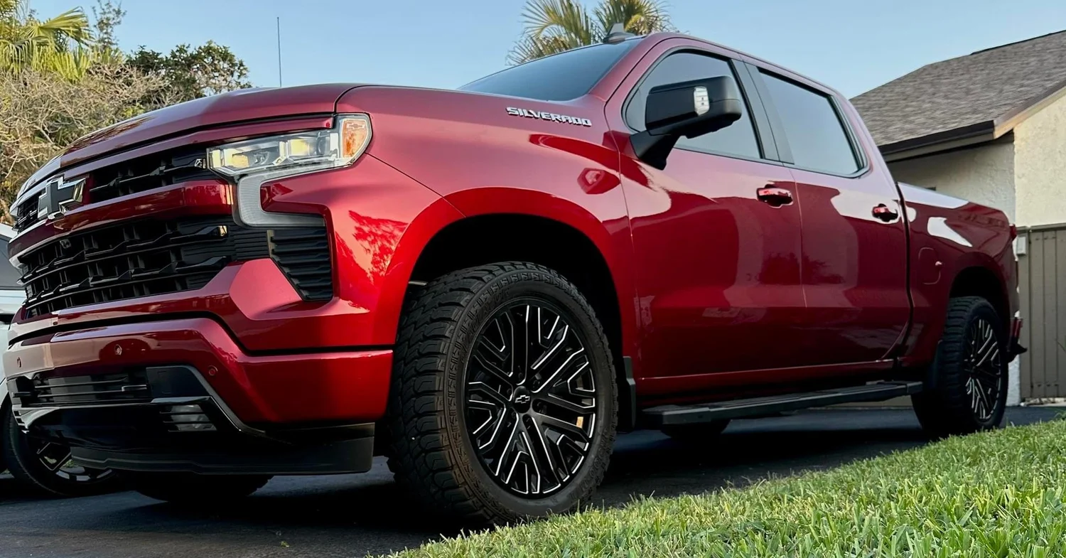 Red Chevrolet Silverado with a ceramic coating finished by White Slate Auto Detailing