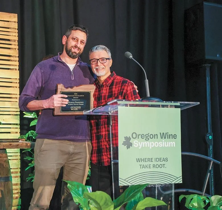 Scenic Valley Farms’ winemaker Gabriel Jagle standing with Vineyard Excellence awardee Mario Fandino, assistant winemaker at the winery. Photo by Kelly Lyon