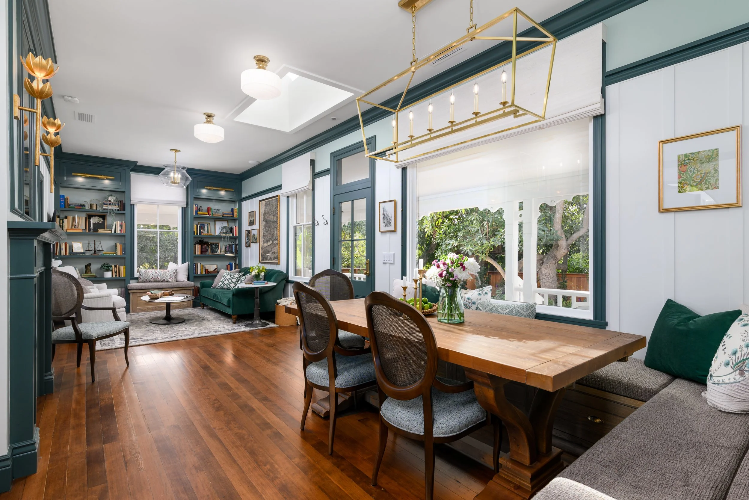 Open dining and lounge space designed for entertaining in a California second home
