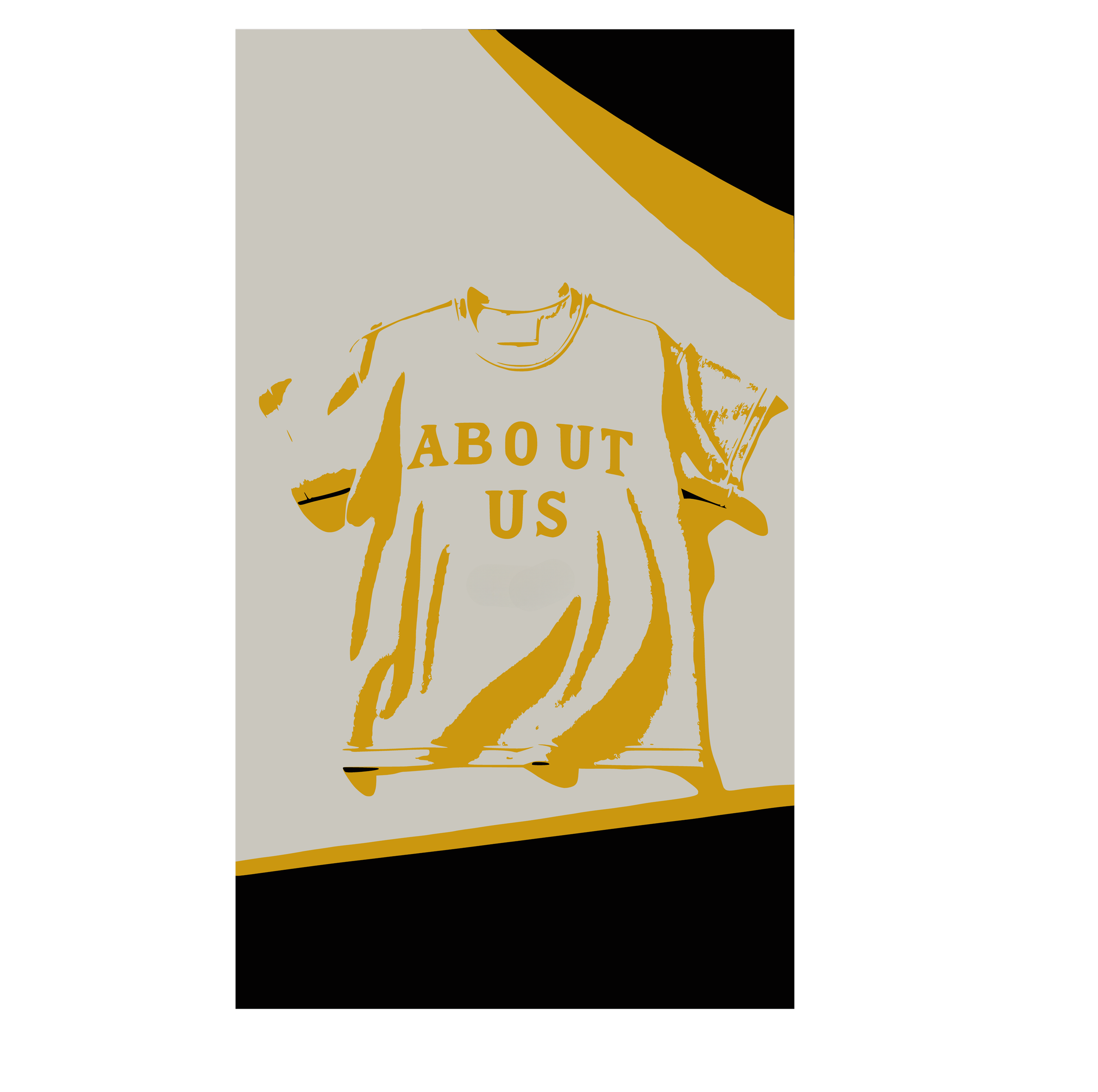 Artistic illustration of a T-shirt with the words 'ABOUT US' printed on it, hanging against a background with black, gray, and gold elements.