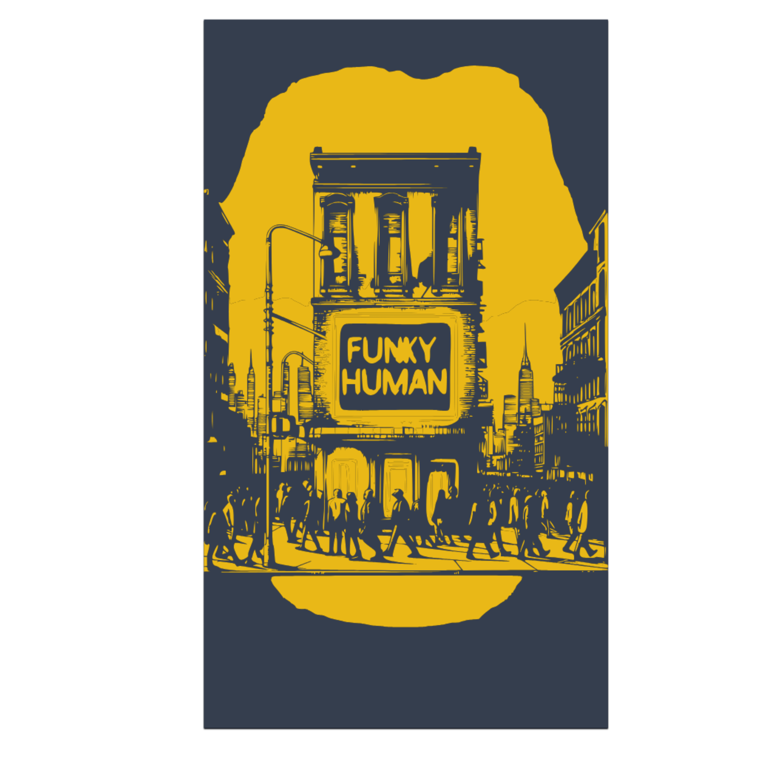 Illustrated cityscape with a building featuring a sign that reads 'Funky Human' in yellow and navy design. Pedestrians walk along the street.
