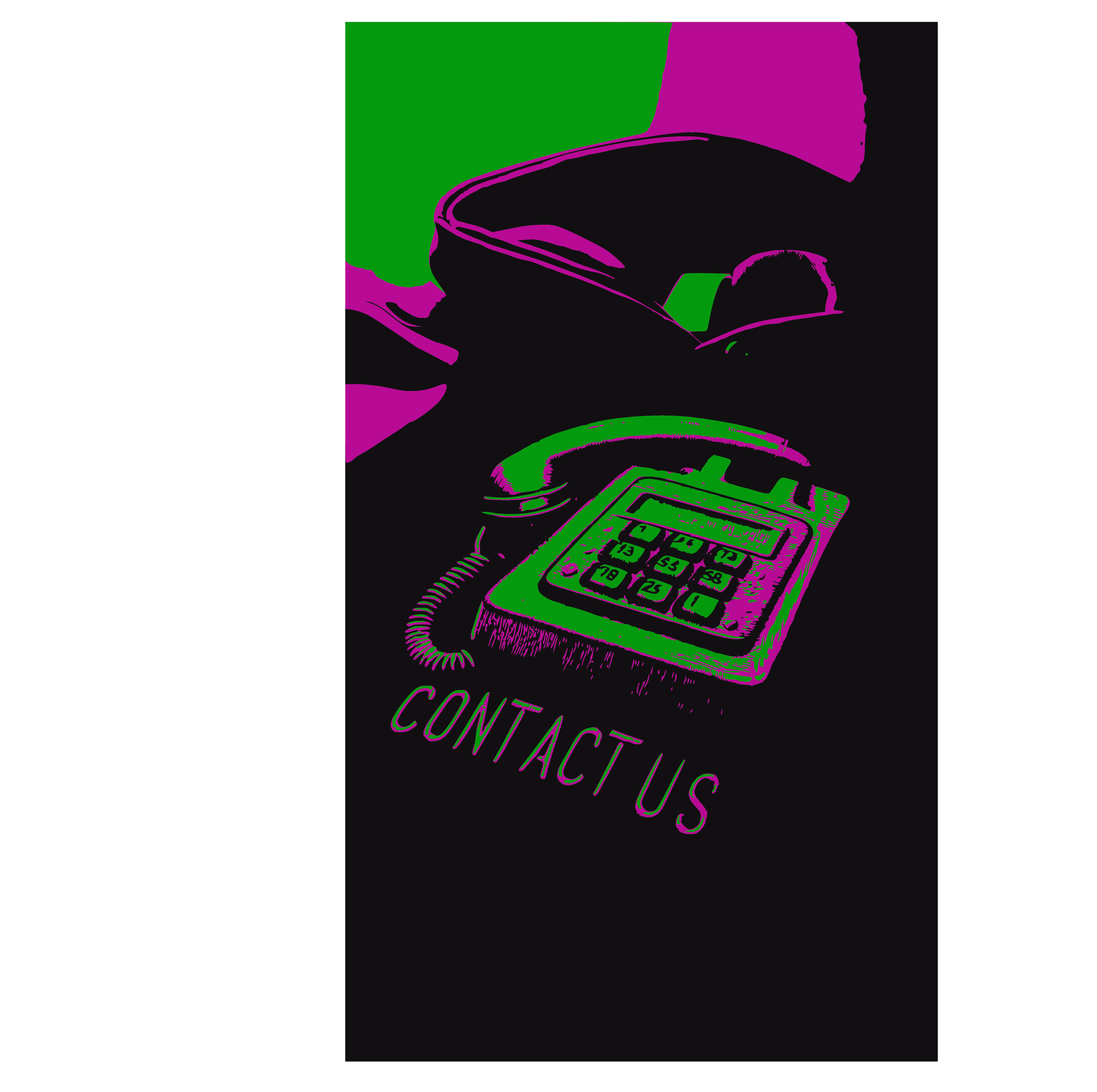 Retro illustration of a telephone with the text 'CONTACT US' in bold, neon colors on a dark background.