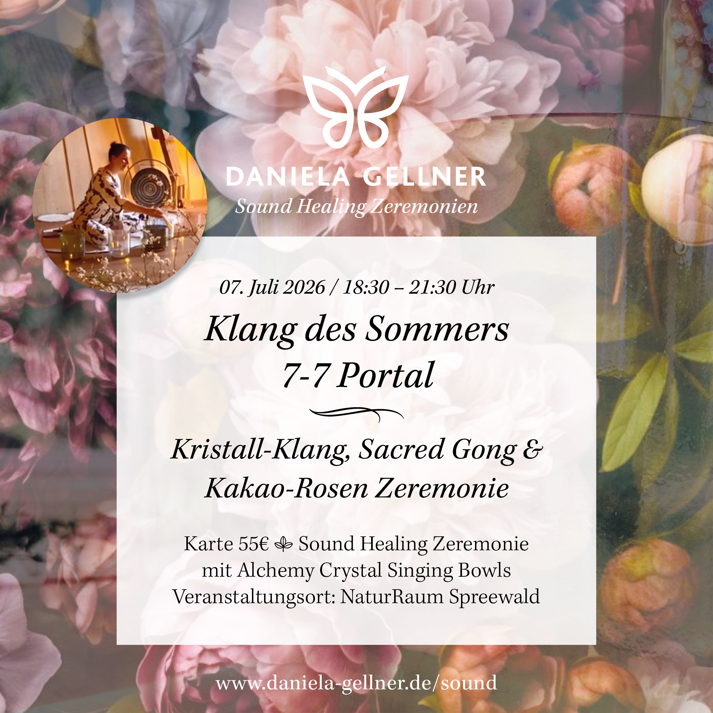 07. Juli 2026 | Klang des Sommers | Kristall-Klang-Erlebnisraum & Kakao-Rosen Zeremonie mit Daniela Gellner