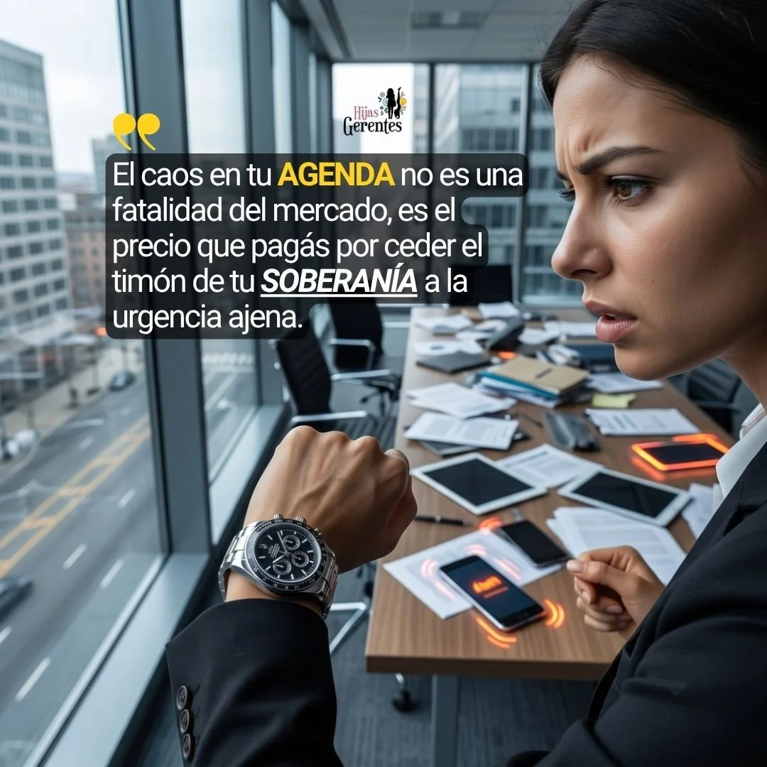 Empresaria frente a ventana panorámica, mira hacia afuera con expresión de ansiedad revisando frenéticamente su reloj. Fuera de foco, la sala de juntas es un caos: papeles esparcidos, dispositivos vibrando reclaman su atención.