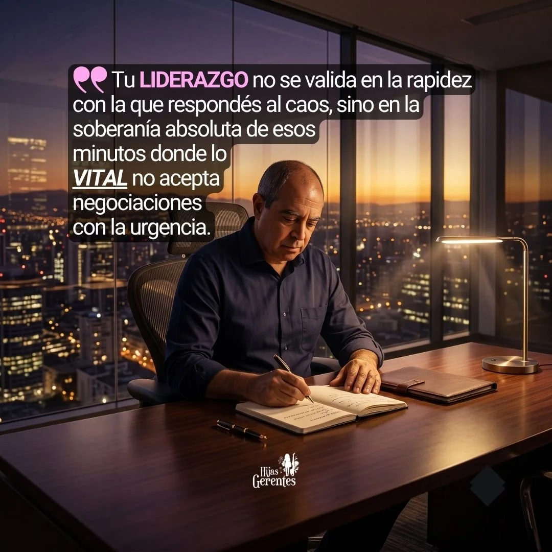 Líder, sentado a su escritorio en oficina corporativa, frente a un ventanal que muestra una ciudad despertando; su atención está en una libreta abierta. Sin computadoras, sólo la luz del amanecer y una lámpara de diseño.