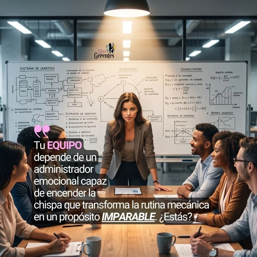 Managers de pie al final de una mesa con manos apoyadas sobre ésta, proyectando energía magnética; postura firme, mirada intensa "encendiendo" al equipo que responde con atención y entusiasmo corporal.