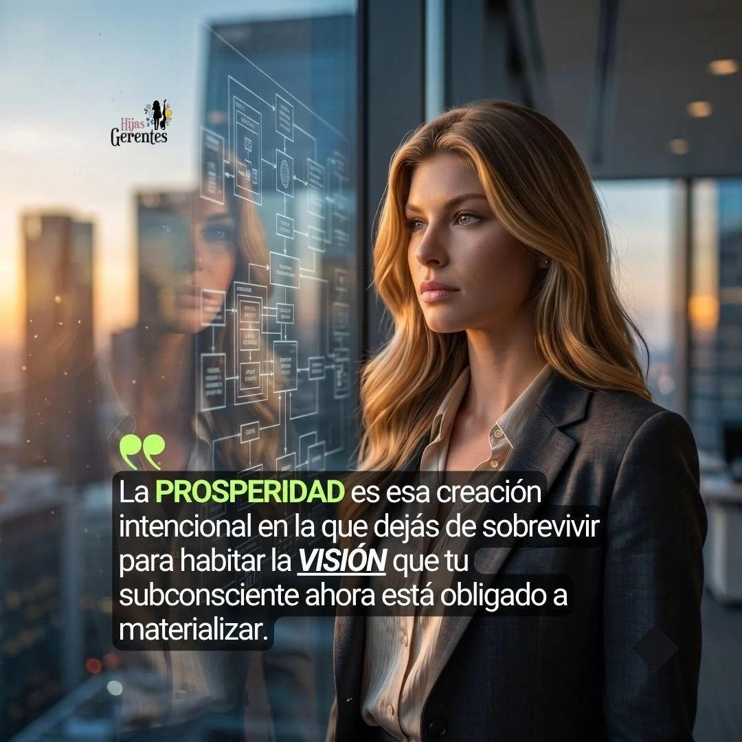 Plano de CEO joven, decidida, mirando a través de un ventanal al atardecer sobre un distrito financiero moderno. Su reflejo muestra un modelo de negocio que fusiona su mirada con la visión que ejecuta.