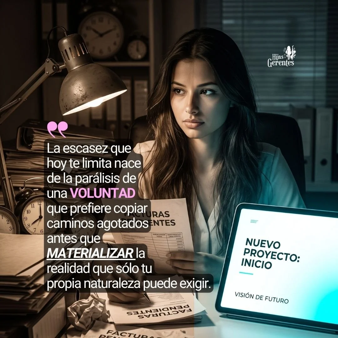 Emprendedora solitaria en su oficina a altas horas de la noche, dividida por la iluminación: un lado de su escritorio está cubierto de carpetas desordenadas y relojes analógicos, el otro lado es una superficie limpia con una única tableta digital.