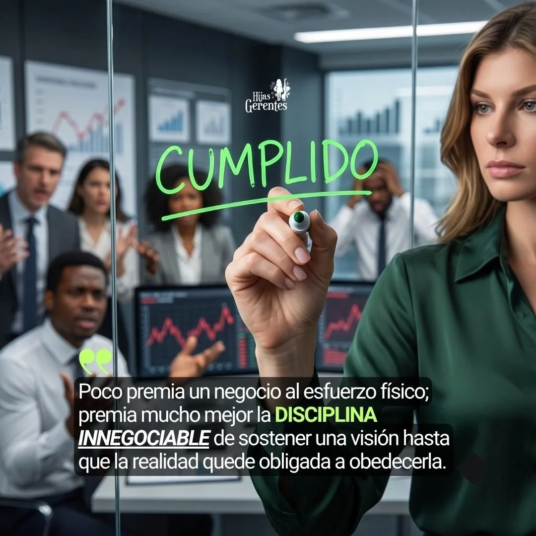 Primer plano de una mano ejecutiva trazando con un marcador una línea firme y definitiva sobre un vidrio que separa a un equipo de ventas visiblemente estresado de una sala de guerra de estrategia impecable.