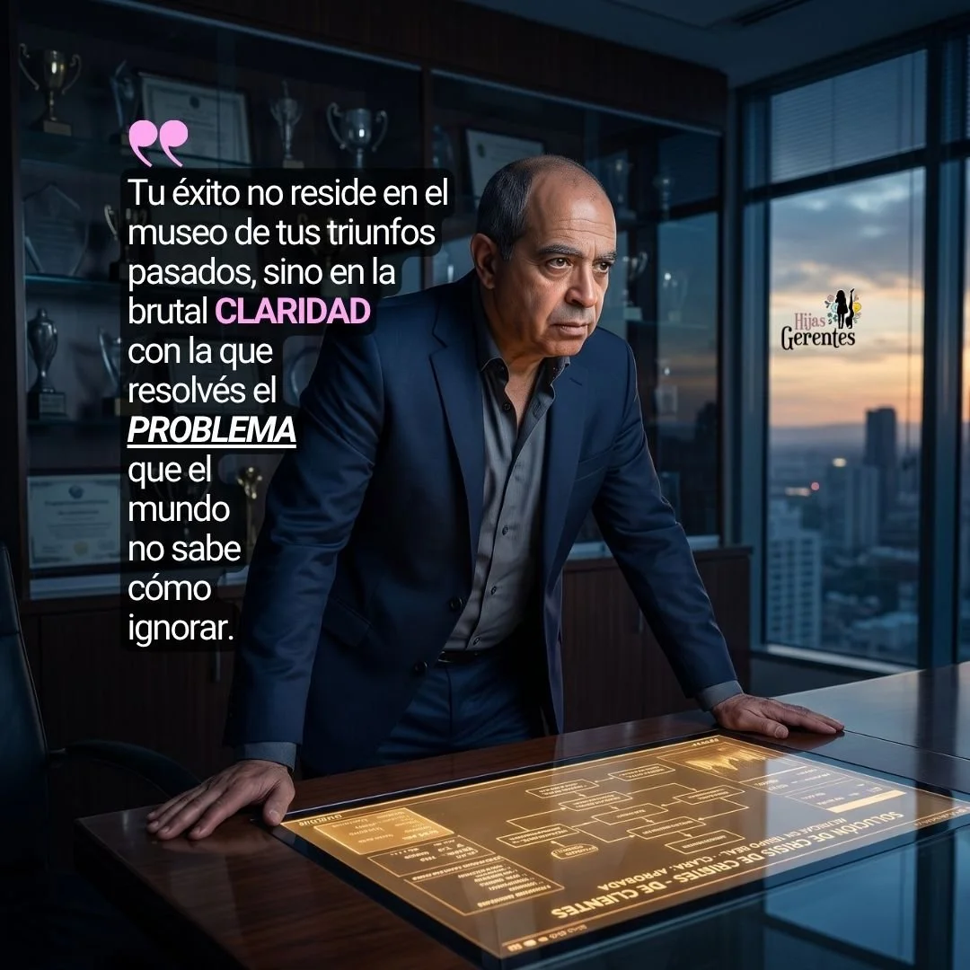 CEO en la sala de directorio de un rascacielos al atardecer, inclinado sobre la mesa, mira fijo una tablet transparente con imagen clara de un problema crítico dando la espalda a vitrina repleta de trofeos pasados en penumbra.