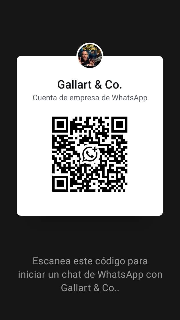 Código QR en pantalla, instrucciones en español para escanearlo y comenzar un chat de WhatsApp con Gallart & Co., con logotipo y nombre de la empresa.