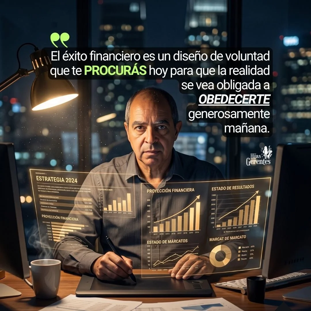 Emprendedor trabajando intensamente en una oficina moderna a altas horas de la noche, rodeado de documentos estratégicos y proyecciones que parecen flotar sobre su escritorio, simbolizan la construcción del éxito hoy.
